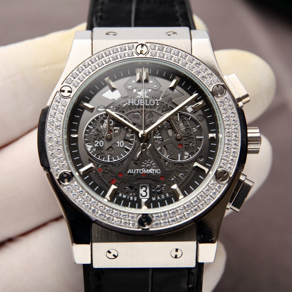 Chronograph -Rhinestone -Black 316 Steel - Black Leather - Quartz - 42mm