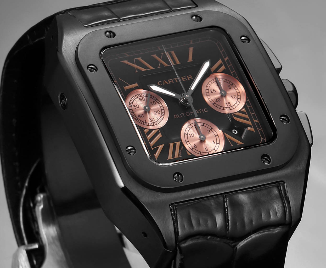 Chronograph - Black Rosegold 316L Steel - Black Leather - Automatic - 42mm