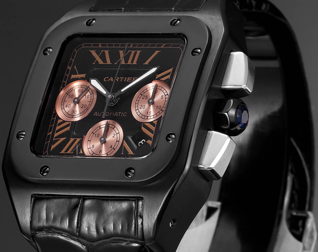 Chronograph - Black Rosegold 316L Steel - Black Leather - Automatic - 42mm