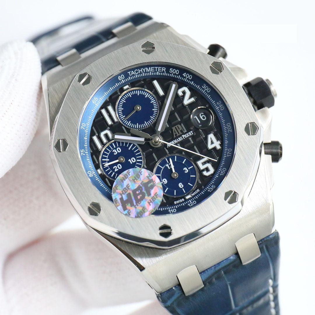 Blue Black - 904L Steel - Blue Leather -QUARTZ- 42mm